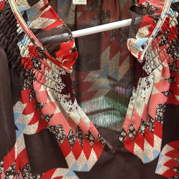 LOFT L/S Chiffon 'Garden Smocked Ruffle  Blouse' - Large Brown Coral - Picture 7 of 8